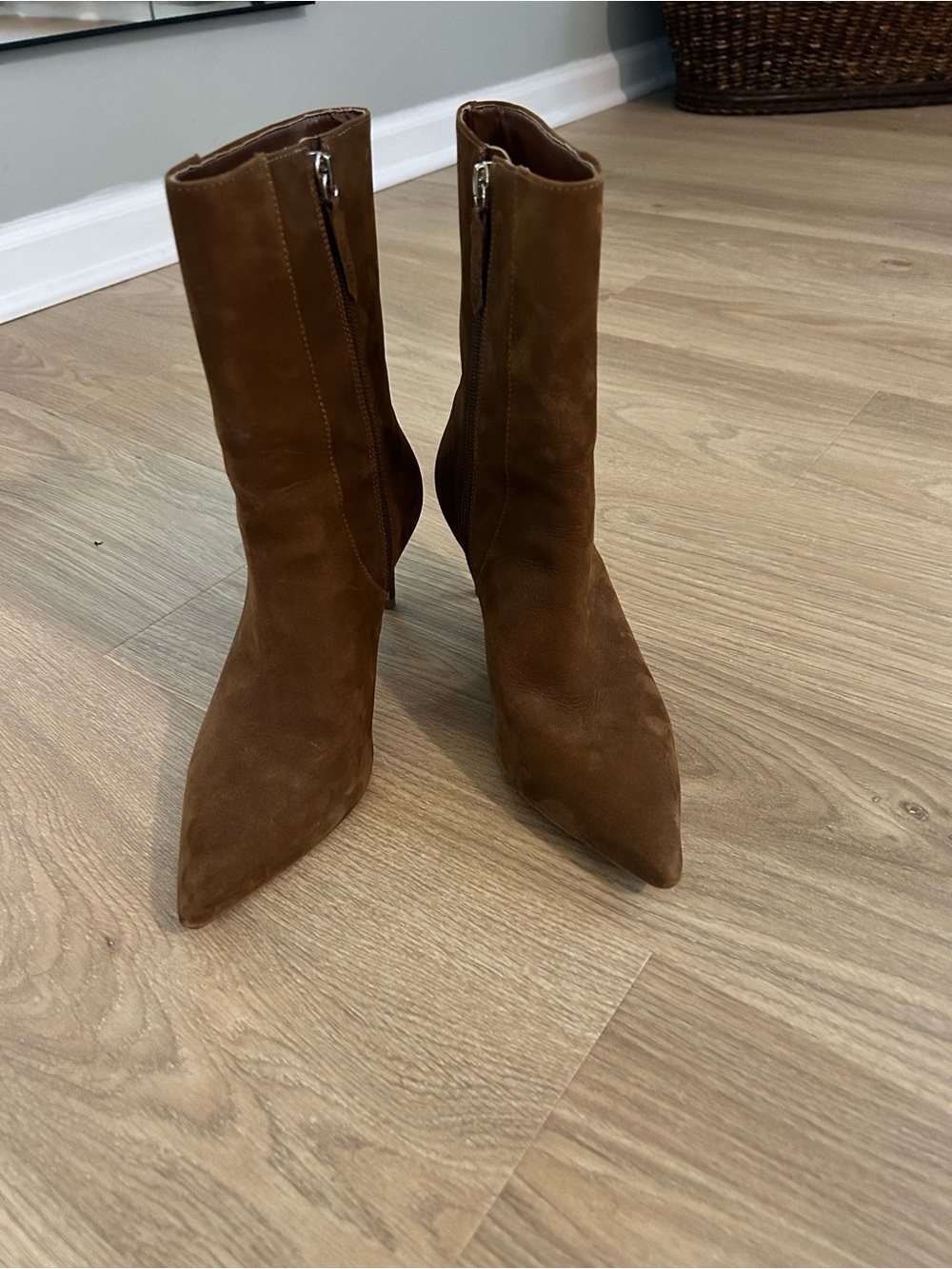 SCHUTZ Brown Suede Pointed Toe Mid-Calf Heeled Boots